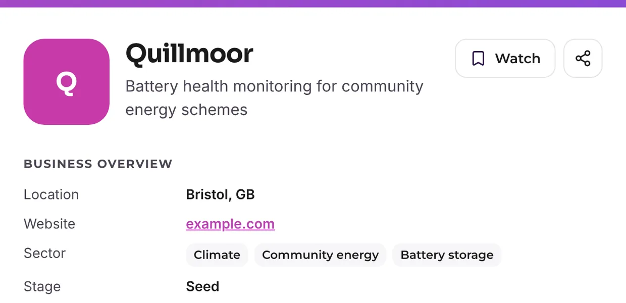 Sample deal page for Quillmoor, a fictional company, as an investor sees it: the company header and business overview (illustrative sample data)