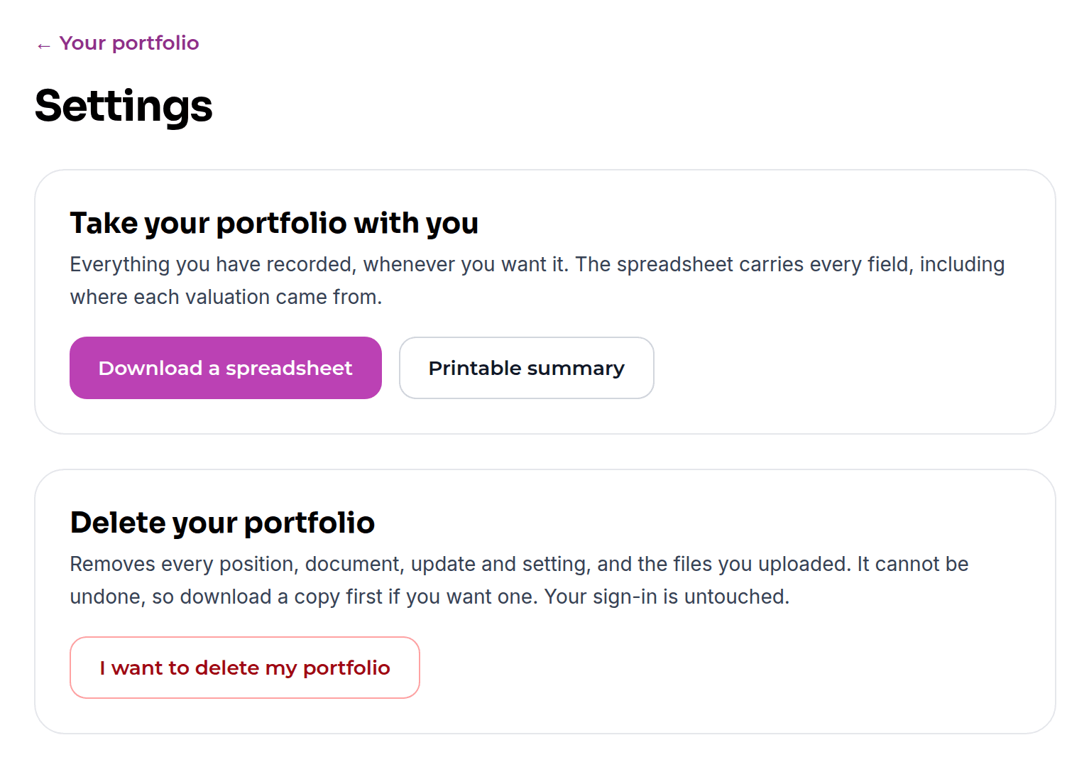 Settings: Take your portfolio with you, with Download a spreadsheet and Printable summary, and Delete your portfolio.