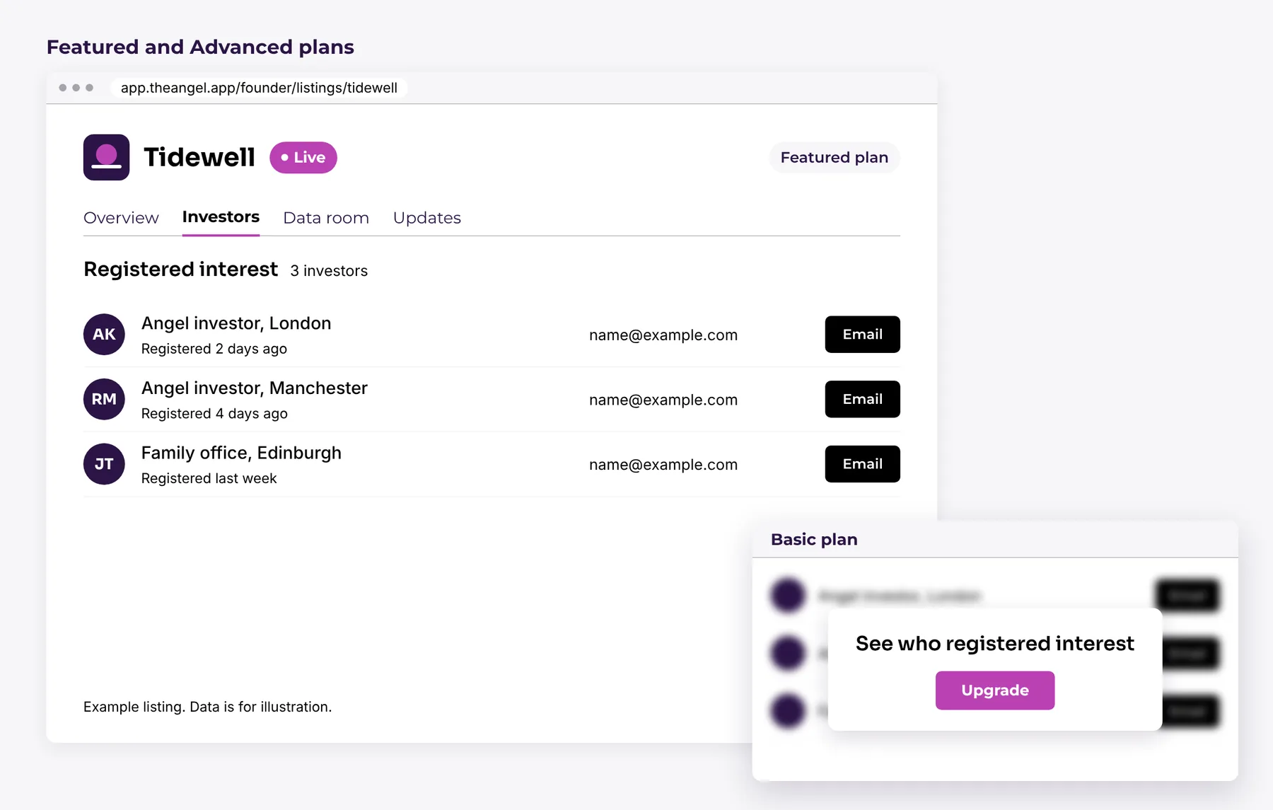 The founder dashboard for the example company Tidewell, with the Overview, Investors, Data room and Updates sections